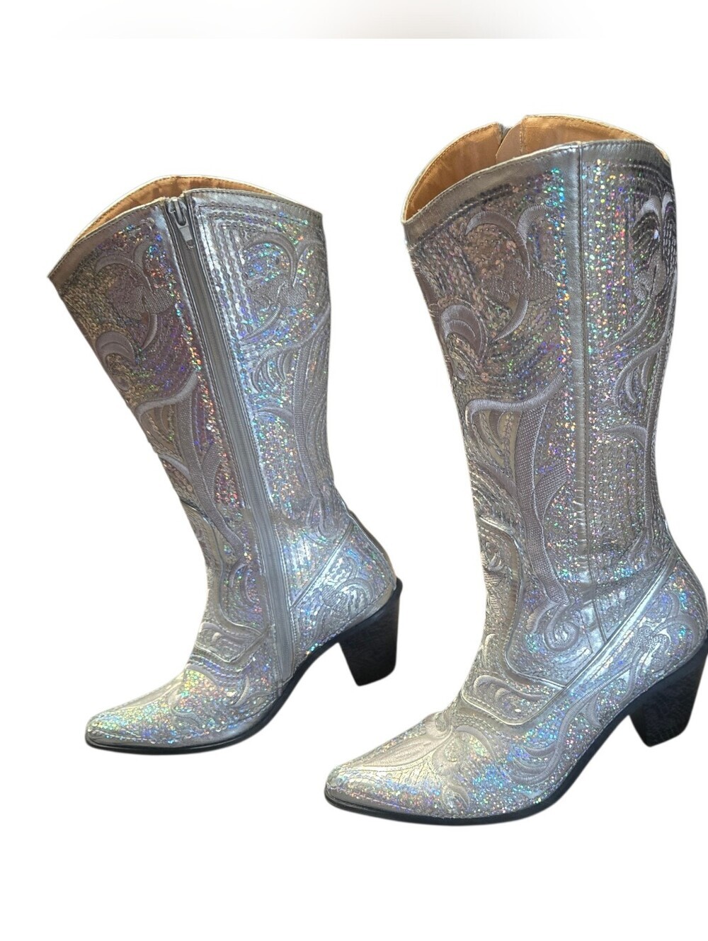 Helen’s Heart Tall Silver Sequin Bling Cowboy Boots Western Glam Size 8